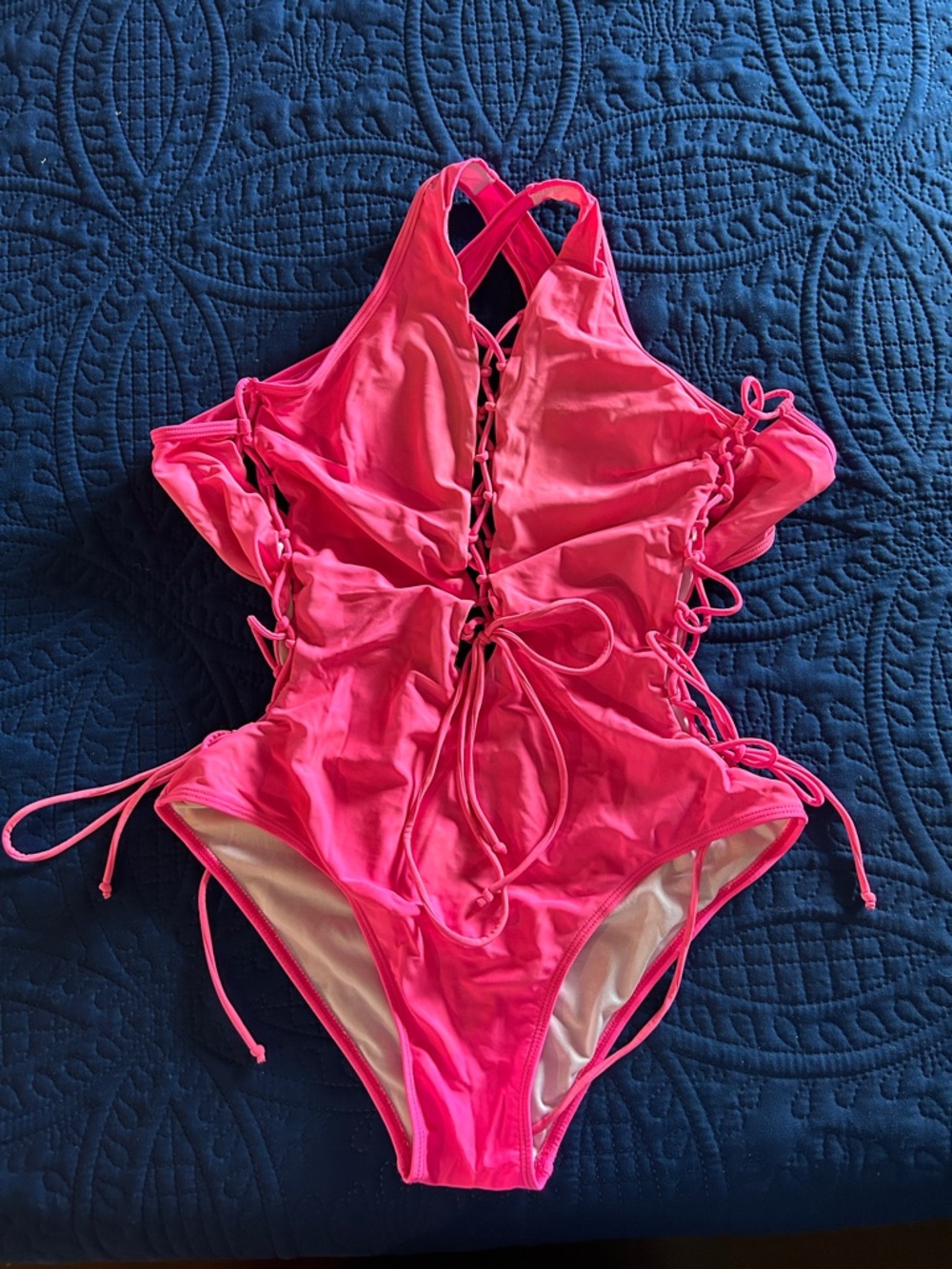 Women’s Neon Pink Lace-Up One-Piece Swimsuit